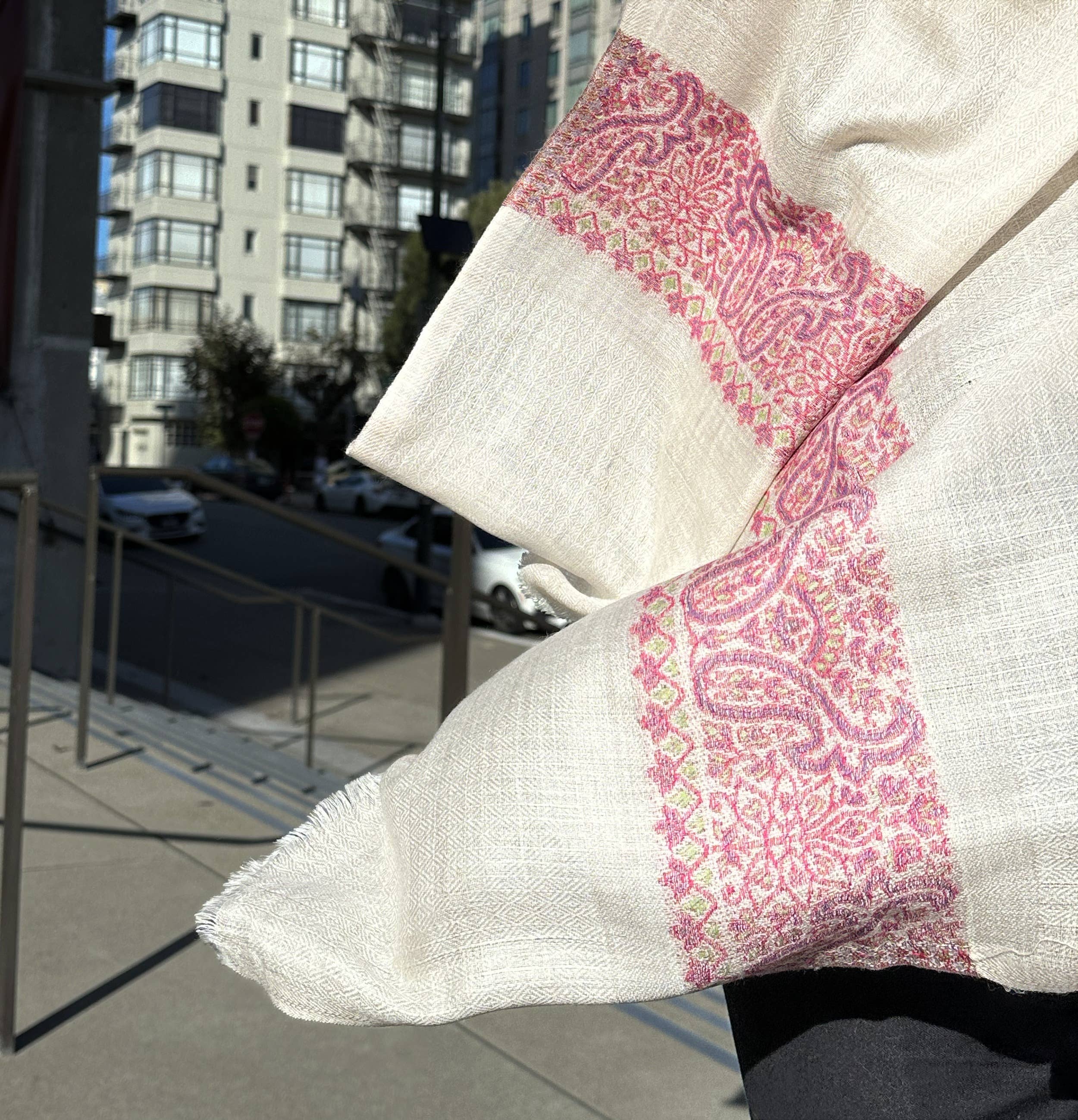 Multi-Toned Edge Embroidery Genuine Cashmere Blend Shawl