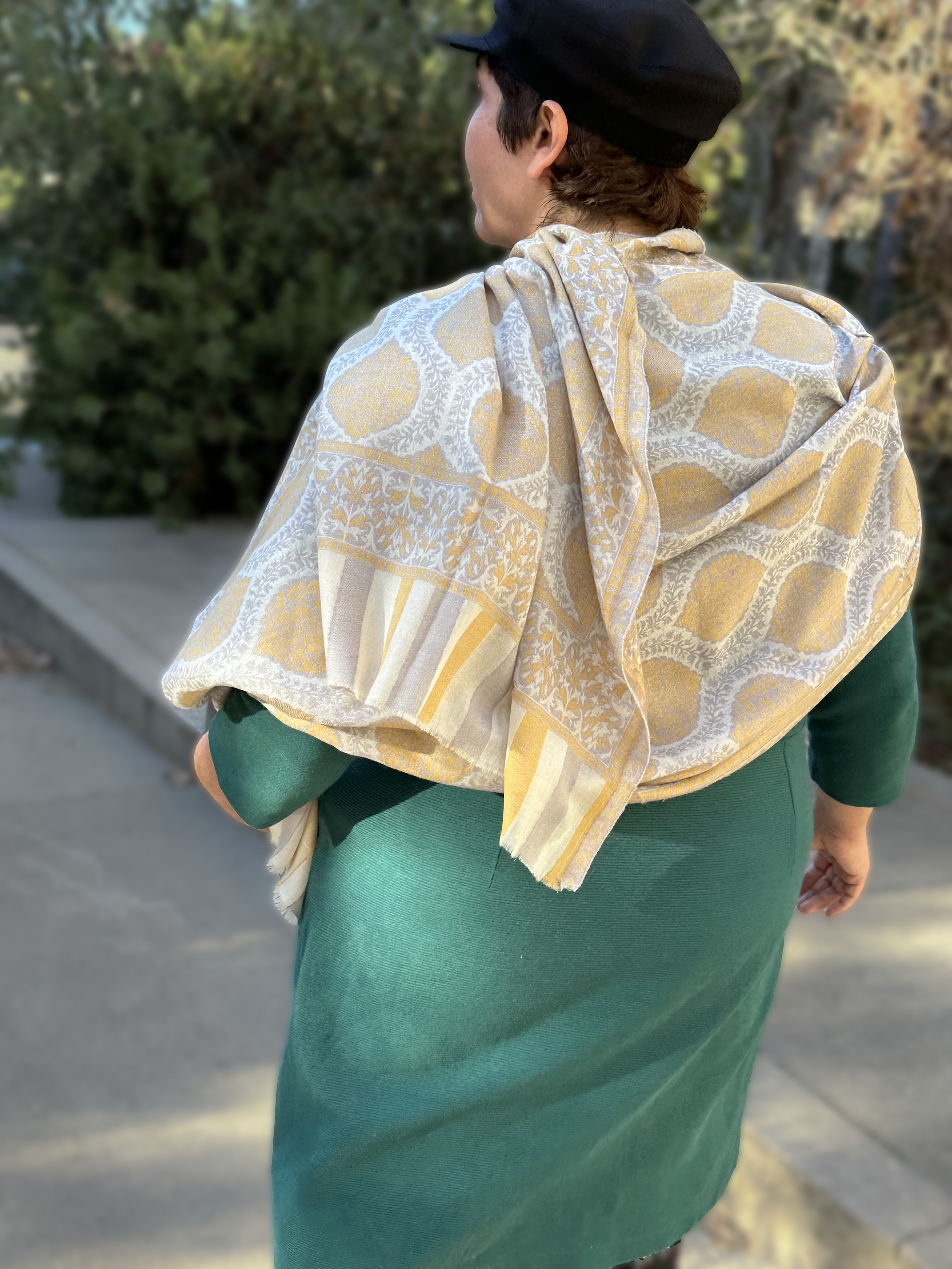 Gold and Grey Diamonds Stripes Genuine Cashmere Shawl