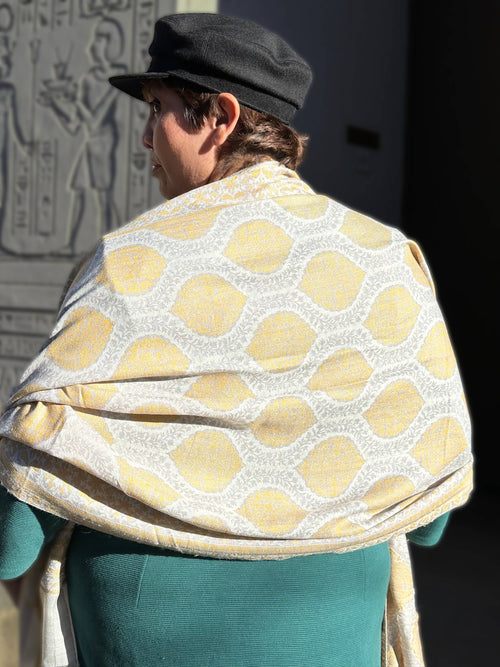 Gold and Grey Diamonds Stripes Genuine Cashmere Shawl